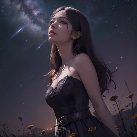 (Absurd, Cinematic, nffsw, Haute, ultra-detailliert, ultra-detailliert), Woman looking up at the sky, upper body closeup, Dark purple sky, Nebulae in the sky, The Last Five in the Sky, Big moon in the sky, shooting stars, Dandelion field, mont, Oil Paintin...