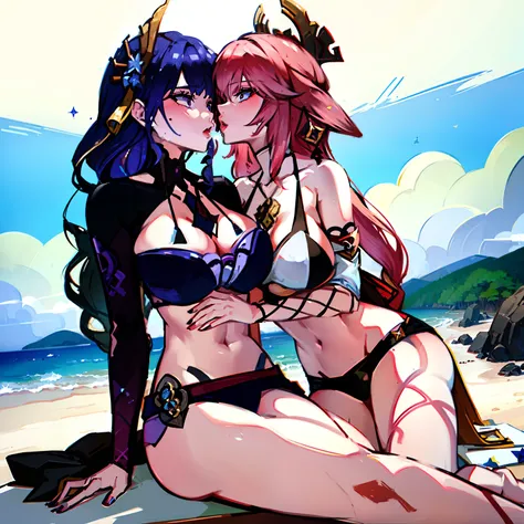 Two women in bikinis sitting on beach benches，Holding a drink in your hands，，Chest snugs，kissing each other，There is a star in the sky，Ai Mitsu，offcial art，A detailed painting，Sots Art