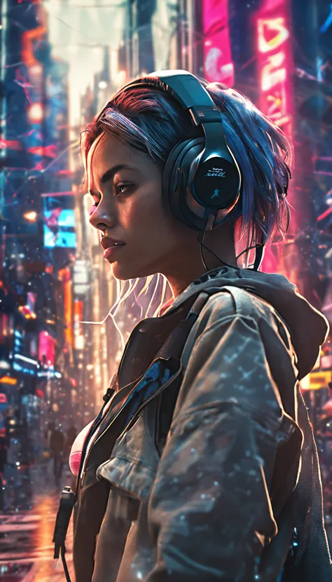 jane_noexist, 1girl, gamer, cyberpunk, headphones, total nude, japan, stars, complex background , street , graffiti volumetric, dramatic lighting, lens flare, photorealistic, masterpiece, best quality