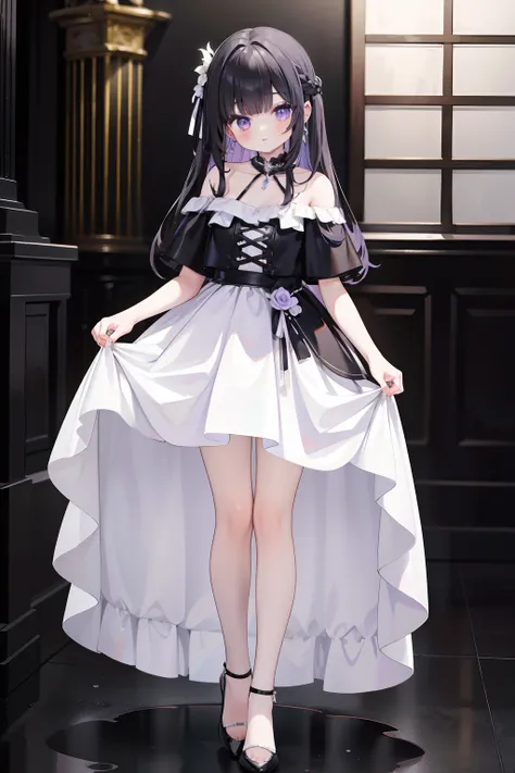 A frontal photography standing girl with off-the-shoulder front short back long white wedding dress black small leather shoes lilac eyes black long hair