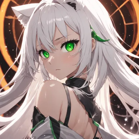 Animal ears, leg rings, white hair, long hair, green eyes, JK over-the-knee socks（white colors）（Use Stable Diffusion for image generation）Look at the eyes like garbage leather trim