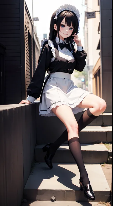 Anime girl in maid costume maid costume girl style black and white uniform anime moe art style girl curve full body picture over knee socks shy on Pixiv popularity, sultry smirk