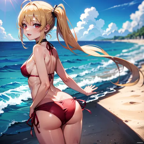 Anime girl, solo, anatomically correct, blonde one side ponytail, beautiful red eyes, freckles, cheerful, choker, wearing a revealing red bikini, jogging towards the sea, walking towards the sea, going to the sea, sideboob, small waist, red thong, butt, ju...