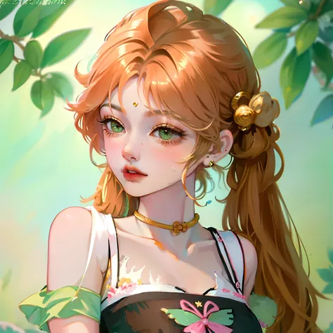 ((gyaru)), orange hair, green eyes, twintails, bust, breasts, mini skirt, black g-string, ((full lips)), big lips, ((masterpiece)), detailed, pink crop top, ((best quality))