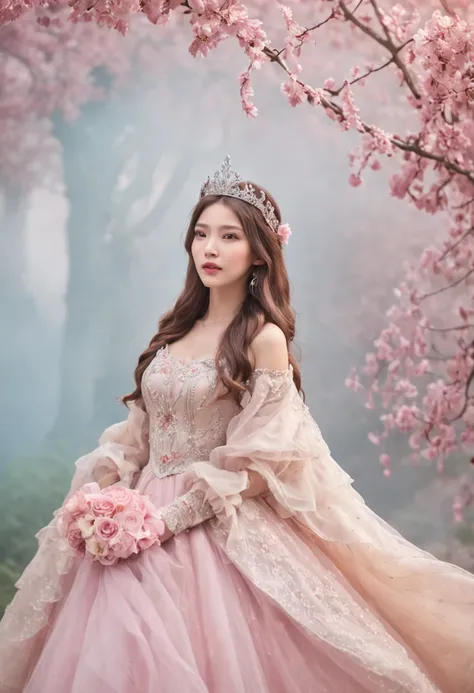 The wonderland of the princess slowly lifts the fog，The enchanting scenery gradually unfolds。She wears a gorgeous crown，Dressed in a gorgeous dress。She coexists with a charming magical animal，Her long, silky hair rippled in the breeze。The surrounding flowe...