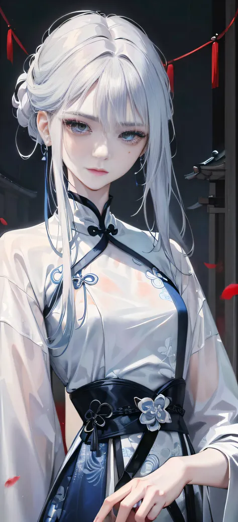 Masterpiece, Excellent, Night, Outdoor, Rainy Day, Branches, Chinese Style, Ancient China, 1 Woman, Mature Woman, Blue and White Hair Color, Gray Blue Eyes, Pale Pink Lips, Indifference, Seriousness, Bangs, Assassin, Sword, White Clothes, Blood, Blood, Vio...