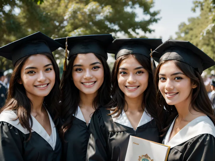 a group of freshly graduated students, happy face, wearing graduated hat, high_resolution, photorealistic, 8k, HDR,perfecteyes, looking_at_viewer , bright,