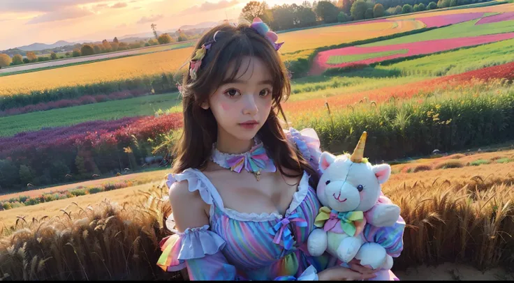 (((Popular cartoons)))、Master peace.(((Brown long hair))).(((great joy))),(((great joy))),(((great joy))),lolita fashion,Summer dress,(((The autumn sunset illuminates the wheat fields, The wheat in the field is golden, Scarecrow standing in a wheat field，W...