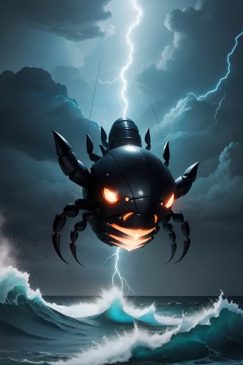 A huge black crab is killing tiny humans madly in the sea，Sky blue lightning