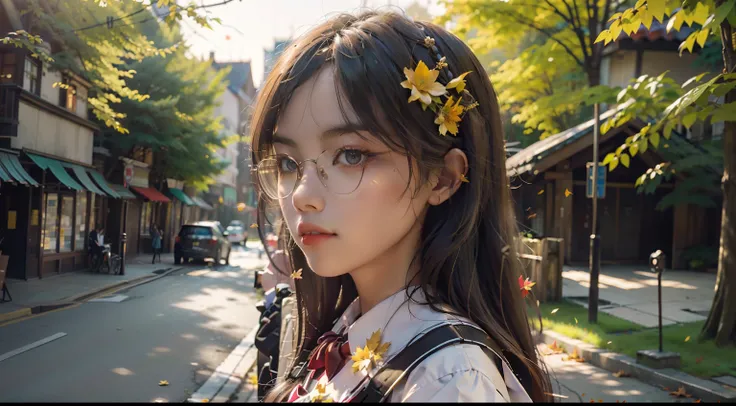 fall season，((Masterpiece,Best quality)),1girll, bangs, Black eyes, The background is blurred out, Long brown and yellow hair, Dappled sunlight, flower, From the side Side, hair flower, hair adornments, school uniform, Red Maple， the setting sun，Maple leav...