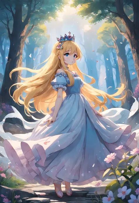 The wonderland of the princess slowly lifts the fog，The enchanting scenery gradually unfolds。She wears a gorgeous crown，Dressed in a gorgeous dress。She coexists with a charming magical animal，Her long, silky hair rippled in the breeze。The surrounding flowe...