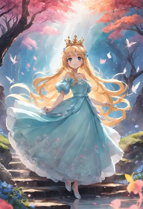 The wonderland of the princess slowly lifts the fog，The enchanting scenery gradually unfolds。She wears a gorgeous crown，Dressed in a gorgeous dress。She coexists with a charming magical animal，Her long, silky hair rippled in the breeze。The surrounding flowe...