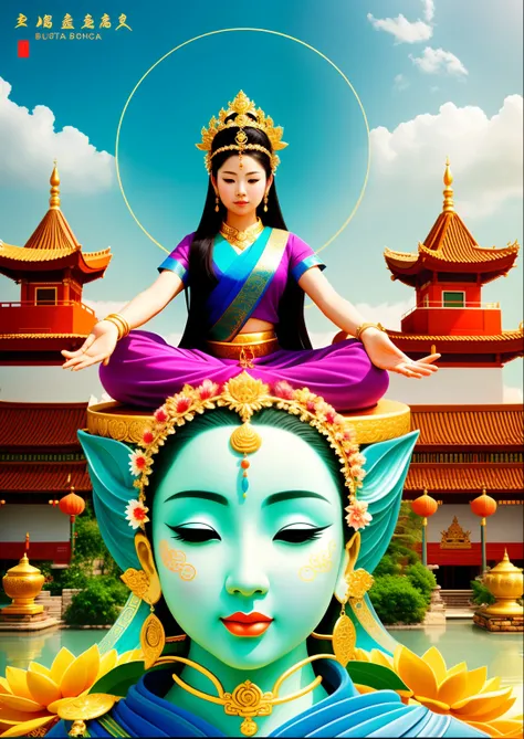 Beautiful woman sitting on a lotus in the car, Three-headed，In total, The arm has eight mudras，Barefoot on both feet，There are seven piglets pulling carts in front，Head background with halo，blue-sky，goddess of love and peace, indian goddess of wealth, Heav...