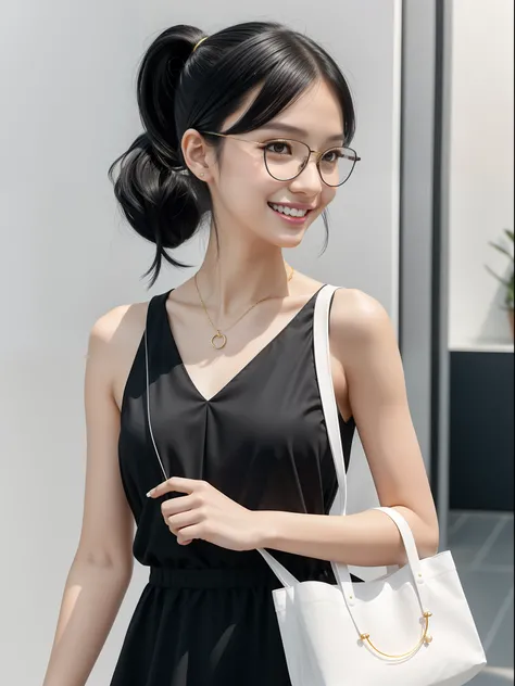 （8K）（1 girl）160cm height，Thin stature，Black color hair，Low ponytail，Black colored eyes，Lovely face，Wearing a white dress，Wearing gold wire glasses，Smile coquettishly，White canvas bag in both hands