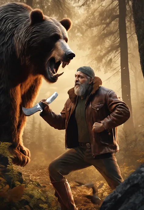 a hunter and a bear fighting fiercely in a forest; the hunter is a 50 years old man with a long beard , holding an axe, all dressed with brown leather and brown furs, leather trousers, leather jacket ; the bear is a wild and very big animal; high resolutio...