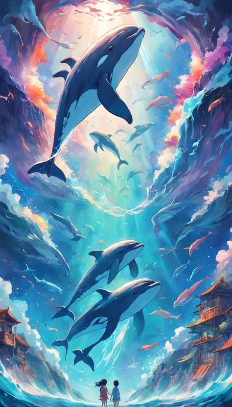 Painting of a flock of dolphins swimming in a colorful sea, Look up at the composition，sky whales, inspired by Cyril Rolando, dreamy psychedelic anime, colorful anime movie background, a beautiful artwork illustration, Authors：Sitao, colorful concept art, ...