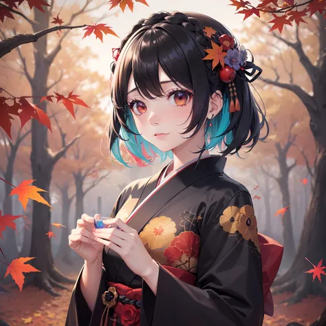 (Beautifully Aesthetic:1.2)、(1girl in:1.3)、(Colorful hair of black and red color:1.2)、Eau、liquids、natta、colourfull、Beautiful sunset、Fantastical、Large tree with autumn leaves、Many autumn leaves are dancing、Japanese dress、sad Facial expression、