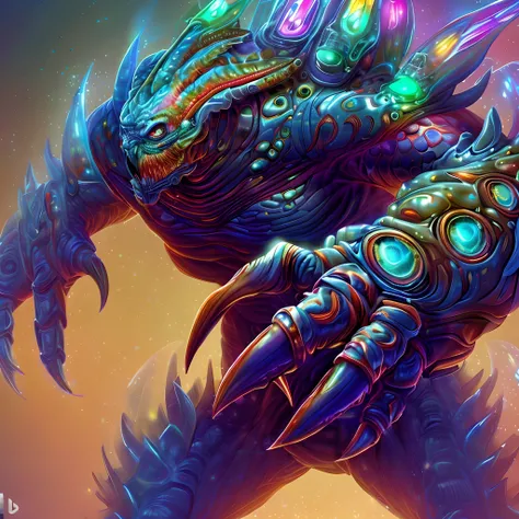 um close up de um monstro com olhos brilhantes e uma garra brilhante, beautiful biomechanical djinn, fantasia estilo de arte hearthstone, design hiperbesta, eldritch muscular colorido, arte de fantasia digital 2d detalhada, arte do jogo de cartas de hearth...