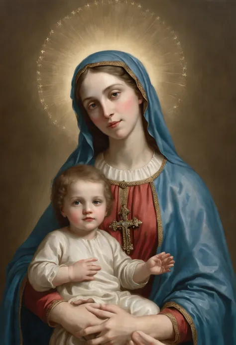 Drawing of a woman holding a child in her arms, Virgem Maria, Menino com Jesus, mami, queen of heaven, arte bonita, pintura de bonito, beautiful depiction, Retrato da Virgem Maria, catholic religious art, Rosen Maiden, Sagrado e belo, com um fundo azul, Bo...