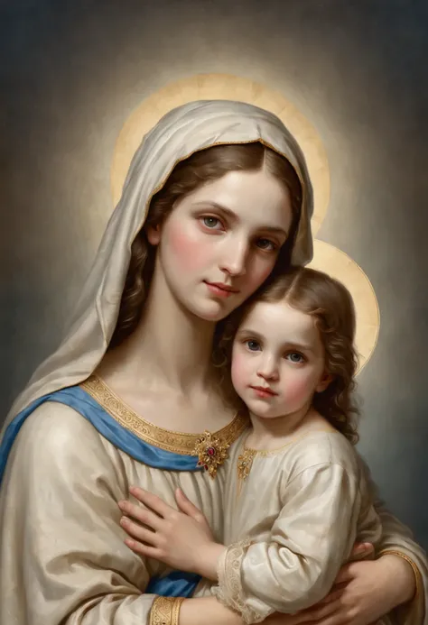 Drawing of a woman holding a child in her arms, Virgem Maria, Menino com Jesus, mami, queen of heaven, arte bonita, pintura de bonito, beautiful depiction, Retrato da Virgem Maria, catholic religious art, Rosen Maiden, Sagrado e belo, com um fundo azul, Bo...