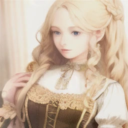 Girl with long blonde hair，Hair is slightly curled，The beautiful，Fair，rosy lips，delicate accessories， Victorian dress， jewely， ellegance， royal house， high high quality， highly  detailed， tmasterpiece