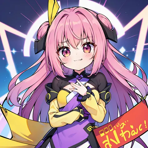 1 girl Wears a yellow dress, cyber punk、Chibi、((Best Quality, high_resolution, Distinct_image))(long purple hair, (symphogear),Wavy Hair, frown.From the face.a very happy cute、mideum breasts, cute smile, smiling, happy emotion, happy girl, holding the bann...