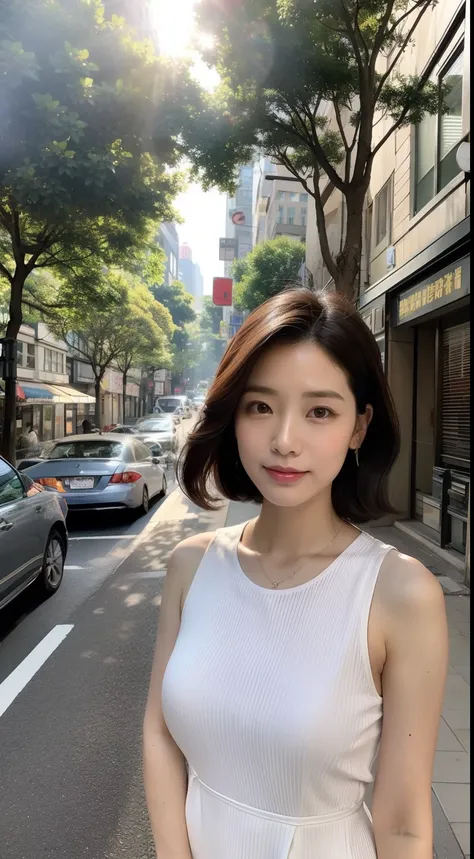 ​masterpiece, Top image quality, hight resolution, 独奏, small tits, 30-years old, (wrinkles:0.08), 1 persons, Omotesando、Street Trees、Morning cityscape、Fashionable city、The morning sun is dazzling、 Stylish coordination, Bob Hair,