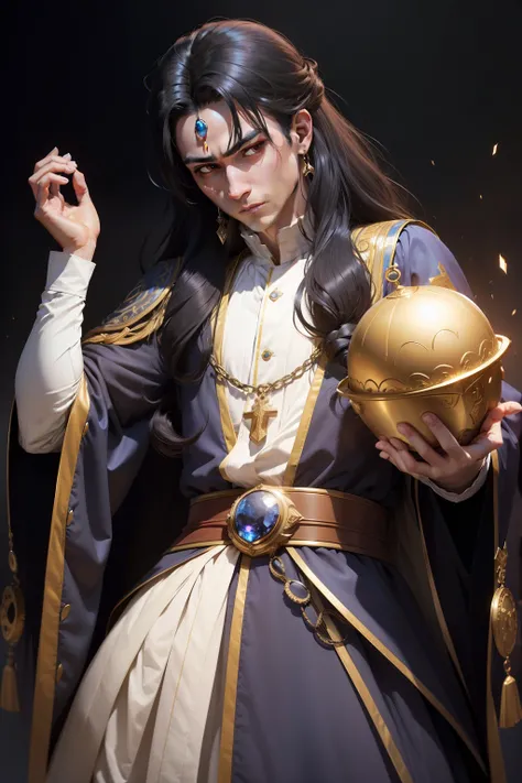 A man with his head stuffed into a box,A prince wears a royal robe,Black hair, solid circle eyes, In the dark, anime big breast, quaint, long whitr hair, forehead jewel, jewelry, , angle of view, 8K, Super detail, ccurate, Best qualit，first-person view