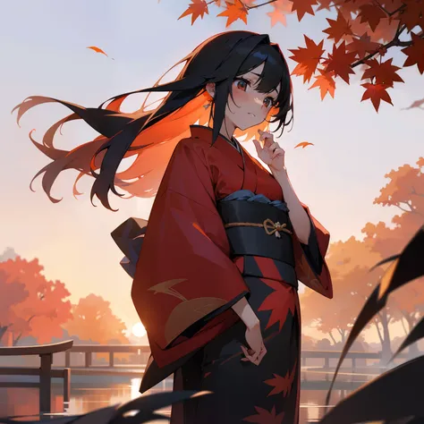 For a beautiful and beautiful sky、Beautiful sunset。Below that、One Girl Standing。Her hair is colorful shades of black and red、Shines even more vividly in the light of the setting sun。Behind her is、A large tree with autumn leaves、Many autumn leaves are flutt...