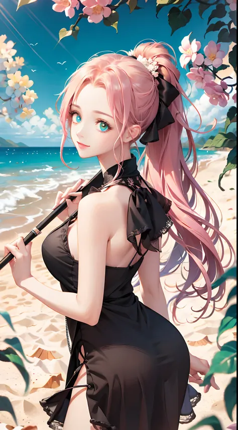 Pink girl with long hair and double ponytail，The pupils of the eyes sparkle，Heterochromia，Holding a flower umbrella，sandbeach，Blue sky，baiyun，Coquettish and cute expression，ultra HD wallpaper，3Drenderingof