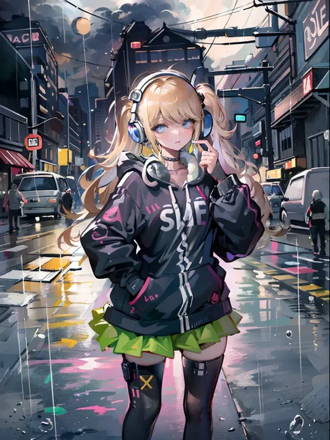 masterpiece, 1girl alone, solo, incredibly absurd, hoodie, headphones, street, outdoor, rain, neon, blond hair