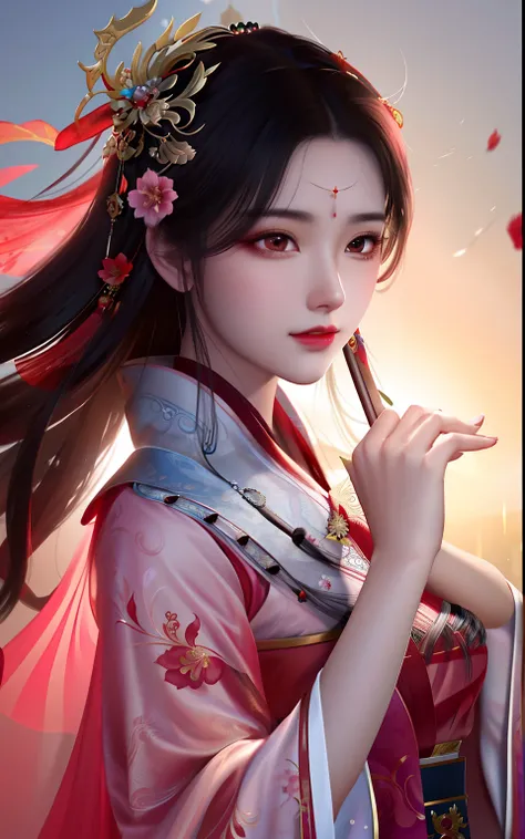 a close up of a woman with a red dress on，A flower stuck in his hair, Beautiful character painting, Palace ， A girl in Hanfu, Guviz-style artwork, a beautiful fantasy empress, Chinese girl, Extremely detailed Artgerm, Inspired by Lan Ying, Beautiful digita...