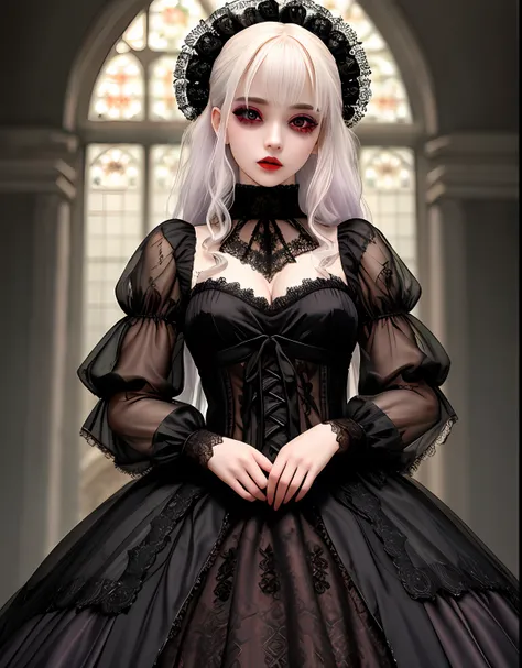 Masterpiece, absurdres,HDR ,highly detailed eyes and face,GothGal, a woman dressed in gothic ballgown holding,runny makeup, see through clothing, lace, embroidery , woman wearing a GothGal outfit, pale white skin, wearing a ballgown