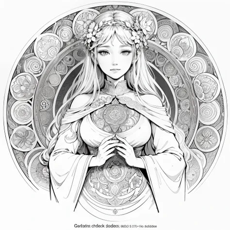 Flowers and goddess, ploynesian, garden, art for coloring book page, full white background, only use outline, line art, coloring book, clean line art, mandala for coloring with nature ornaments, simple and clean line art, coloring book page, adorned in Art...