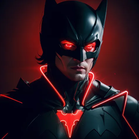 Batman with full body, glowing neck and neck piece in dark room, red glowing skin, red neon lights, neon light language, red and cinematic lighting, with glowing runes on the body, neon light showing injuries, red neon lights inside it, red neon light, ins...