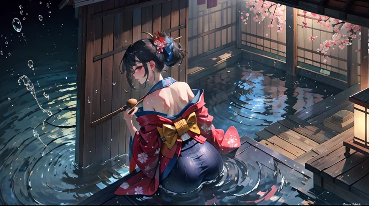 The beauty knelt on the table，Big ass pouted high，Wearing a kimono，The whole body is soaked with water，Rear butt view