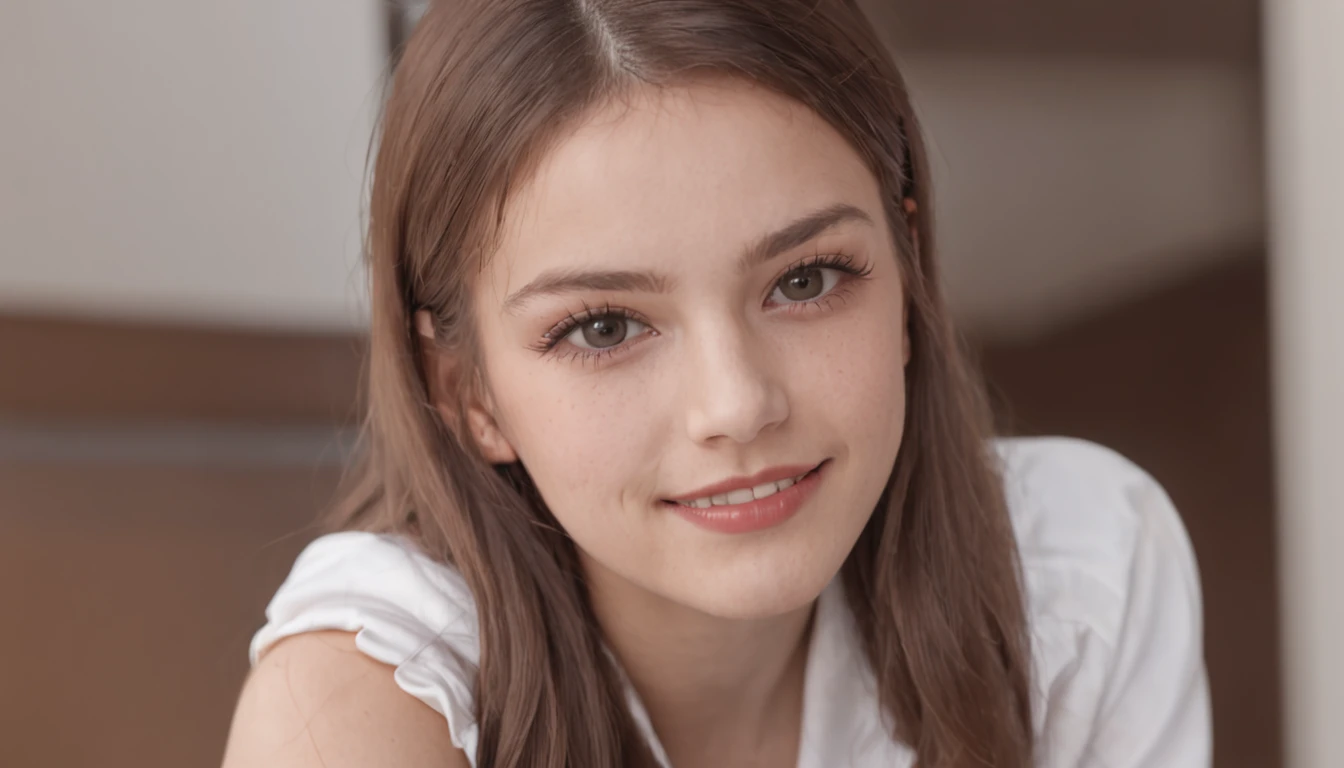 18-year-old woman,looking a viewer, slight smile, Cheerleader Uniform, Bedroom in the house, taking selfies