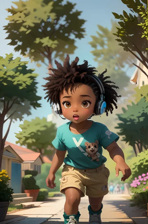 A closeup of a child with black skin:1, brown fur headphones walking down a sidewalk, felis, desenhos animados realistas, estilo dos desenhos animados, personagem bonito dos desenhos animados, painting digital adorable, arte conceitual do menino solteiro, ...