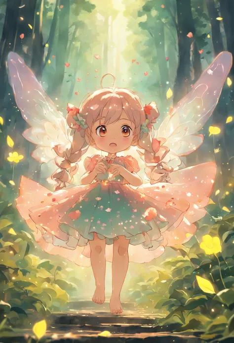 ln the forest，night moon，Mini cute 3 year old flower fairy, Chubby toot，Skirt made of petals，Huge flowers，Colorful colorful，Transparent colorful wings, Magic wand，closeup cleavage，Light attenuation，Glow effects，depth of fields，high light，Real light，Ray tra...