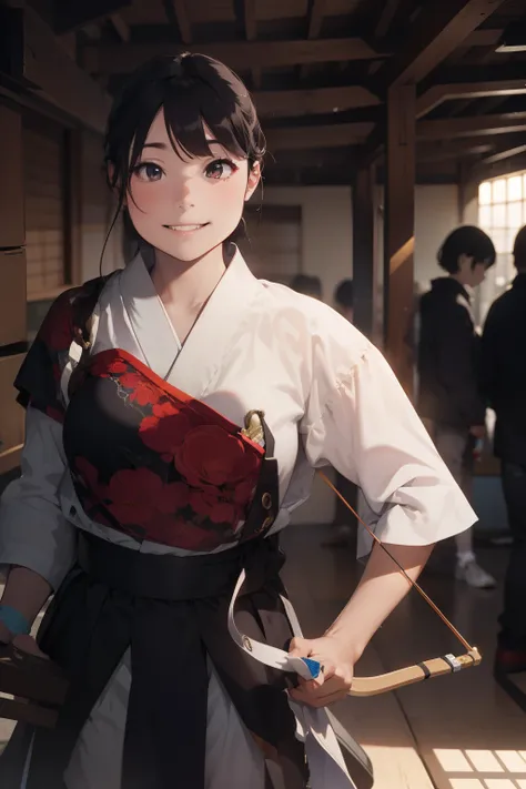 ultra quality, ultla highres, hyper detailed, high contrast, super fine illustration, creative refinement, Japanese archery club,Smile