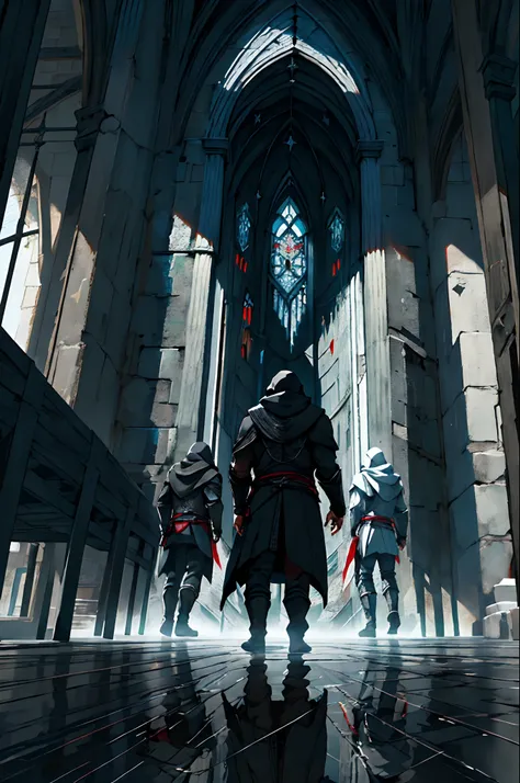 1men use long black hoodies with the assassin's creed brotherhood theme, medieval, light reflection, focus, aesthetic, fantasy