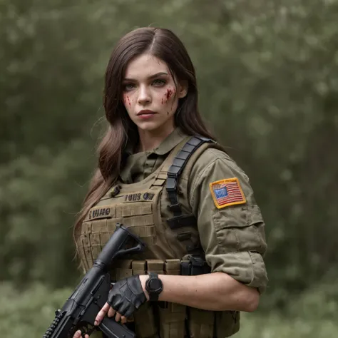 American female soldiers，Just put on a new corporal uniform，Holding an AA12 shotgun，Zombie Doom，There was still blood on his clothes。Wild flowing hair, Tiger tattoo on the arm, bigbreasts, intricately details, 8K resolution