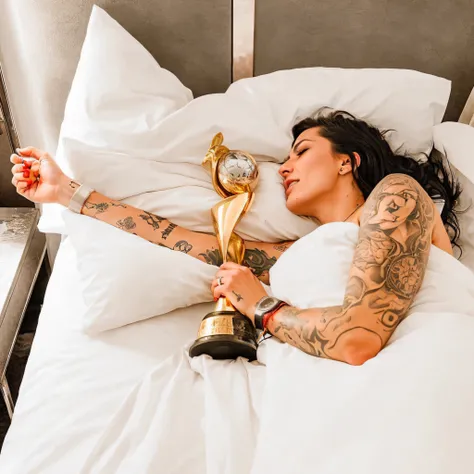 there is a woman laying in bed with a trophy and a clock, holding the larry obrien trophy, magdalena radziej, alina ivanchenko, jovana rikalo, victoria siemer, award winning tattoo, gemma chen, tattooed, contest winning masterpiece, the woman holds more to...