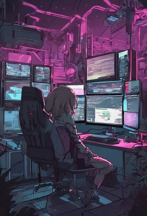 anime dark hacker den a young couple male and female work together at a computer monitor