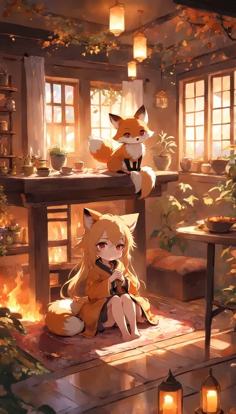 Anime character Little cute fox girl , Big room, A lonely day, Fantasy Treehouse, The room was full of properties, Gibly studio style, Intricate golden fur, Beautiful and big eyes, Warm room with back view of anime characters, Sit in front of a warm brazie...