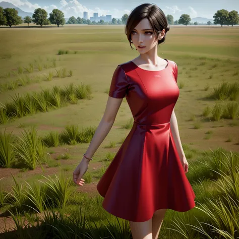 there is a woman in a red dress standing in a field, realistic anime 3 d style, elegant cinematic pose, red realistic 3 d render, 3 d anime realistic, photorealistic anime girl render, smooth 3d cg render, game cg, smooth anime cg art, 3d character realist...