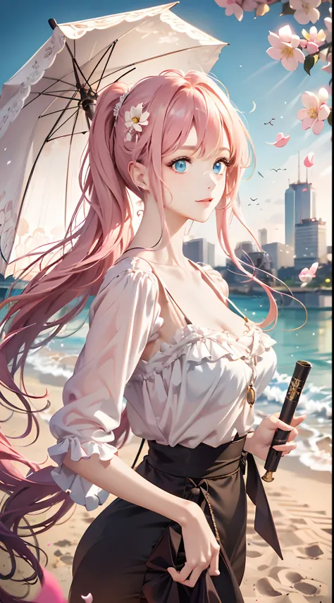 Long pink hair and double ponytail，The pupils of the eyes sparkle，Heterochromia，Girl holding a flower umbrella，sandbeach，Blue sky，baiyun，Light wind，Coquettish and cute expression，ultra HD wallpaper，3Drenderingof