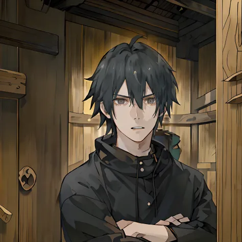 A boy with，with short black hair，Black sweatshirt，shocked expression，In a Japanese-style wooden house