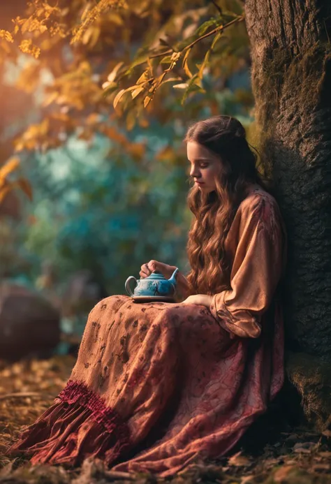 An antique long-haired girl drinking tea under a tree