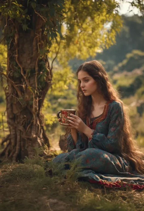 An antique long-haired girl drinking tea under a tree